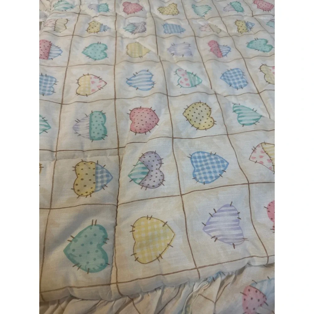 Vintage Teddy Bear Bunny Baby Comforter Pastel Patchwork Ruffle Quilt 33x42